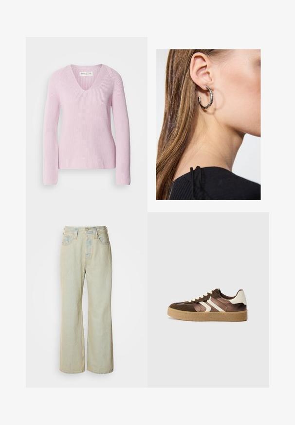 Ljusrosa stickad tröja med V-ringning, långa ärmar och ribbad struktur. Har en avslappnad passform och enkel, sömlös design.; Ljusblå vida jeans i denim med hög midja, fem fickor och subtila blekningar med kontrasterande sömsyn.; Bruna och krämfärgade sneakers med en kombination av mocka och satinmaterial, med tre diagonala ränder och en texturerad gummisula.; Silverörhänge med polerad yta, med små detaljer i guld och rund form, bärs på loben.