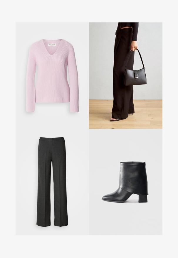 Maglione lavorato a maglia rosa chiaro con scollatura a V, maniche lunghe e texture a coste. Presenta una vestibilità comoda e un design semplice e senza cuciture.; Pantaloni a gamba larga in grigio scuro, realizzati in tessuto testurizzato. Presentano una vita aderente e un delicato motivo a righe lunghe.; Stivale in pelle nera alla caviglia con punta affusolata, texture liscia e tacco a blocco strutturato. Presenta un design con risvolto alto.; Borsa nera con forma strutturata, texture liscia e una chiusura metallica. Abbinata a pantaloni neri larghi e sandali open-toe su un pavimento in legno.