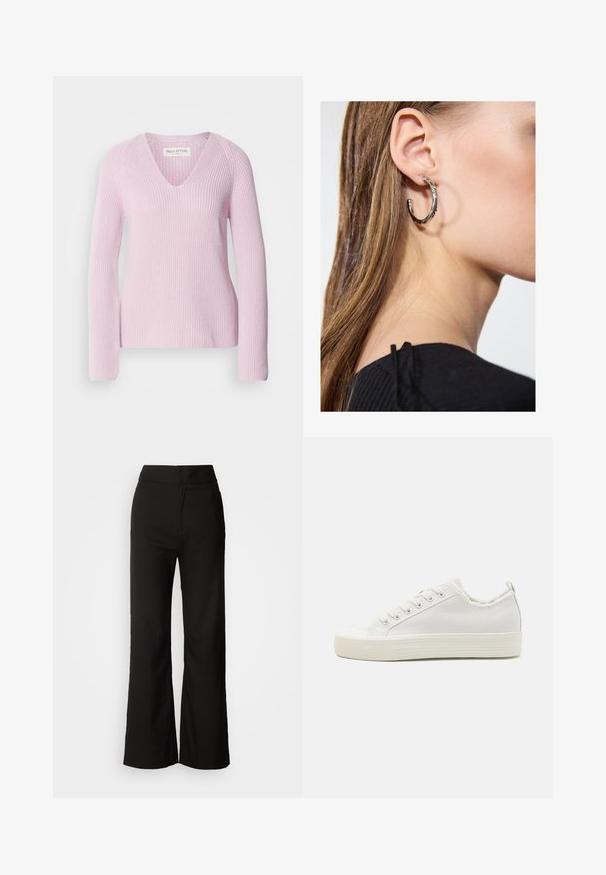 Sweater de malha em rosa claro com decote em V, mangas longas e textura canelada. Apresenta um corte descontraído e um design simples e sem costuras.; Calças largas pretas com uma textura suave, cintura alta e um design clean. Sem bolsos visíveis ou adornos.; Sapatilhas de canvas brancas com um parte superior texturizada, biqueira arredondada, sola plana e fecho de atacadores. Apresentam um colar ligeiramente desfalcado e uma aba de puxar.; Brinco de argola prateada com acabamento polido, apresentando pequenos detalhes em dourado e uma forma redonda, usado na orelha.