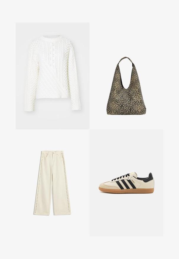 Bela pletena pulover s teksturiranim vzorcem kabelov, okroglim izrezom in dolgimi rokavi. Oblikovanje vključuje diagonalni sprednji del.; Svetlo kremne široke jeans hlače z kovinskimi ničnimi dodatki ob zunanjih šivih, petimi žepi in standardnim gumbom za zapiranje.; Bež športna čevlja z črnimi črtami, gumijastim podplatom in črnimi detajli. Imajo gladko usnjeno zgornji del in obliko zaobljenega prsta.; PULL&BEAR Torba za nakupovanje - mottled dark brown