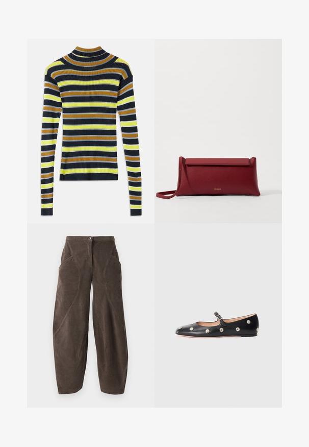 Svetr s dlouhým rukávem, ribovaný pletený, s vodorovnými pruhy v černé, hnědé, žluté, světle šedé a bílé na bílém pozadí.; Hnědé široké manšestrové kalhoty s vysokým pasem, předním zapínáním na knoflík a šikmými švy na nohách.; Černé kožené baleríny typu Mary Jane s kulatou špičkou, zdobené stříbrnými kulatými nýty a nastavovacími popruhy se sponou.; Červená kožená kabelka na ruku s texturovaným povrchem, s plochým sklápěcím vrchem a krátkým popruhem. Jemné logo značky vepředu.