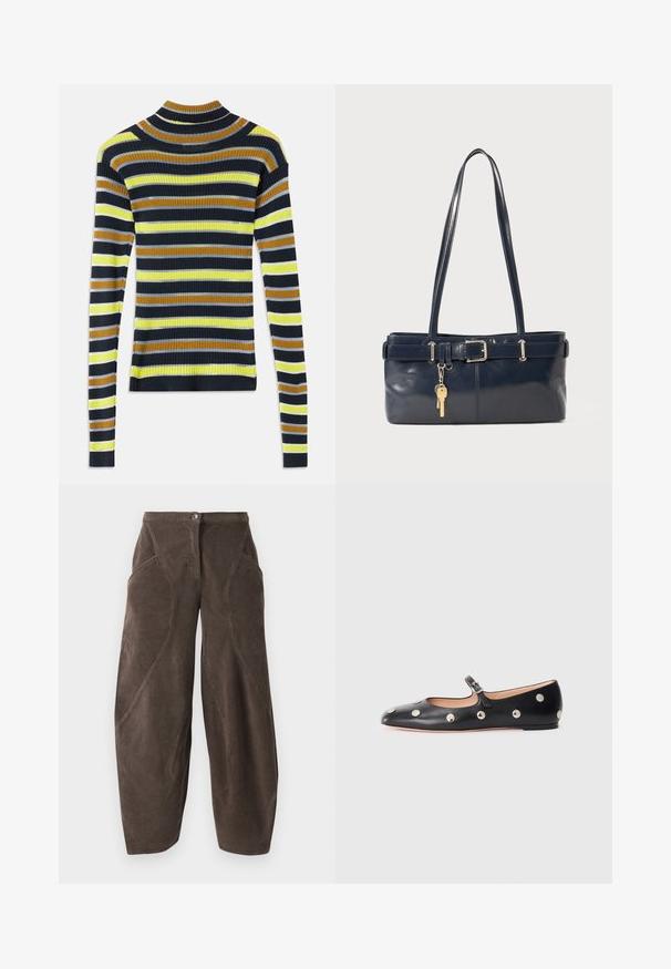 Dlhý rukáv, rebrovaný pletený sveter s horizontálnymi pruhmi v čiernej, hnedej, žltej, svetlošedej a bielej farbe na bielom pozadí.; Hnedé široké nohavice z kordu s vysokým pásom, predným zapínaním na gombík a šikmými švovými detailmi na nohách.; Čierne kožené baleríny typu Mary Jane s okrúhlou špičkou, so striebornými kruhovými cvokmi a nastaviteľným remienkom so sponou.; Námornícka kožená kabelka s dvoma dlhými uchami, detailom s prackou a pripojeným kľúčovým držiakom. Má hladkú textúru a obdĺžnikový tvar.