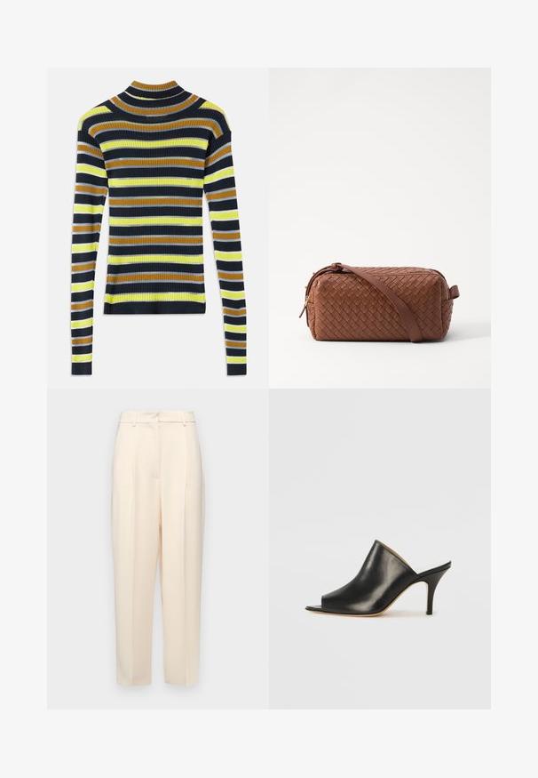 Ilgų rankovių ribotas megztinis su horizontaliomis juostelėmis juodos, rudos, geltonos, šviesiai pilkos ir baltos spalvų ant balto fono.; Bežinės pritaikytos kelnės su tiesiu kirpimu, su raukšlėmis priekyje, lygia tekstūra ir vidutinio aukščio juosmens. Nematomos kišenės.; Juodas odinis atviras mules batelis su elegantišku, kreiviu dizainu, aukštu stiletto kulnu ir lygiu paviršiumi. Vidus turi kontrastingą šviesią spalvą.; Ruda nerti od odžiu od odžiu su stačiakampio forma, lygiu paviršiumi, užtrauktuku uždarymu ir petine juosta. Yra šoninis rankena ir aukso akcentai.