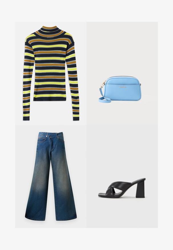 Long-sleeve ribbed knit sweater with horizontal stripes in black, brown, yellow, light gray, and white on a white background.; Wide-leg blue jeans made of denim, featuring a slightly faded finish, visible stitching, two front pockets, and a button closure.; MAX&Co. SOHO - High heeled sandals - schwarz; Light blue leather crossbody bag with gold-tone hardware, zip closure, and a front pocket. Features an adjustable strap for convenience.