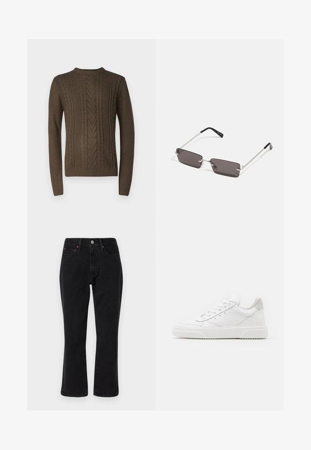 Brown knitted sweater featuring textured cable patterns, ribbed cuffs, and a crew neckline. The fabric appears thick and warm.; Black denim jeans featuring a straight leg design, five-pocket style, and metal hardware with copper accents. Smooth texture and medium rise.; White leather sneakers with a smooth finish, rounded toe, flat laces, and a textured sole. Grey suede accent at the heel.; Sunglasses with rectangular, dark grey lenses, silver metal frames, and black plastic tips on the arms. Lightweight design with nose pads.