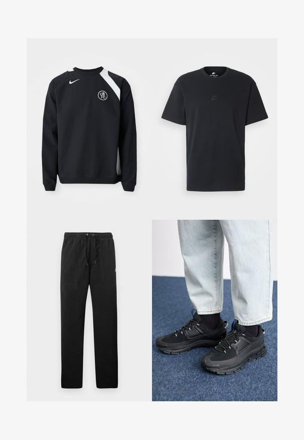Schwarzer Sweatshirt mit weißen Akzenten, rundem Halsausschnitt, langen Ärmeln und gerippten Bündchen. Enthält das Nike-Logo und das kreisförmige Wappen des Chelsea FC.; Schwarzes Baumwoll-T-Shirt von Nike mit klassischem Rundhalsausschnitt, kurzen Ärmeln und einem dezenten, geprägten Logo auf der Brust. Glatte Textur.; Schwarze Sweatpants aus Fleece, mit einem elastischen Bund mit Kordelzug, zwei Fronttaschen und einem kleinen Logo auf dem Oberschenkel.; Schwarze Sportschuhe aus strukturiertem Stoff mit Gummisohlen, ausgestattet mit elastischen Schnürsenkeln und einem blauen Akzent an der Ferse. Getragen mit hellen Jeans.