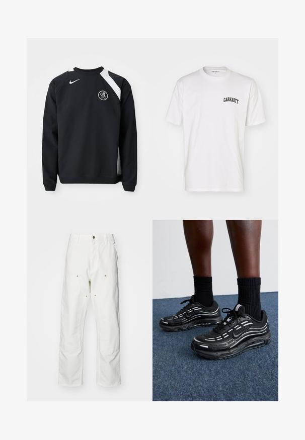 Melnā sporta krekla ar baltajiem akcentiem, apaļais kakla izgriezums, garas piedurknes un ribotie aproces. Ar Nike logo un apļa Chelsea FC emblēmu.; Balts kokvilnas T-krekls ar īsām piedurknēm un apaļu kakla izgriezumu. Uz augšējās kreisās krūšu daļas ir melns "Carhartt" logo.; Baltas kokvilnas kargo bikses ar brīvu piegriezumu. Iezīmes ietver priekšējās kabatas, zeltītas detaļas un pastiprinātas ceļa daļas.; Melni Nike apavi ar sietveida augšdaļu, akcentējošām svītrām, teksturētām šņorēm un melnu gumijas zoli. Valkāti ar melniem ribota auduma zeķēm.