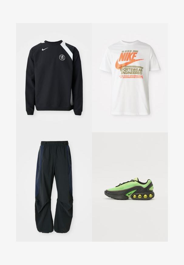 Sort sweatshirt med hvide accenter, rund halsudskæring, lange ærmer og ribbede manchetter. Har Nike-logo og cirkulært Chelsea FC-emblem.; Hvid bomuld t-shirt med et stort orange "NIKE" logo og grøn tekst, der skriver "SPORTSWEAR ENGINEERED" samt yderligere specifikationer.; Sorte udendørsbukser med en afslappet pasform, udstyret med elastisk talje, marineblå sidepaneler og lynlåslommer på begge sider.; Nike sneakers med en mesh-overdel i lys grøn, sorte accenter og en karakteristisk sål med synlige gule luftbobler.