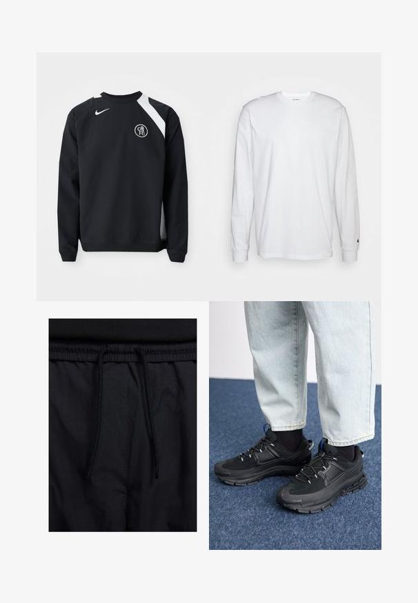 Black sweatshirt with white accents, round neckline, long sleeves, and ribbed cuffs. Features Nike logo and circular Chelsea FC emblem.; White long-sleeved T-shirt made of cotton. Crew neck design with ribbed cuffs and a small logo on the left sleeve. Smooth texture.; Black shorts featuring a drawstring waistband, lightweight fabric with a smooth texture, and a simple design without visible logos or patterns.; Black athletic shoes with textured fabric and rubber soles, featuring elastic laces and a blue accent on the heel. Worn with light denim pants.