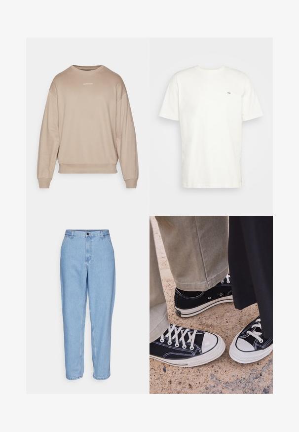 Béžová mikina s okrúhlym výstrihom a spustenými ramenami, s rebrovanými manžetami a lemom. Obsahuje malé biele logo umiestnené na hrudi. Mäkká textúra látky.; Biela bavlnená tričko s okrúhlym výstrihom, krátkymi rukávmi a malým čiernym logom "W.W." na ľavej hrudi. Hladká textúra, bežný strih.; Svetlomodré džínsy s voľným strihom, vysokým pásom a rovnými nohavicami. Obsahujú predné vrecká a uzáver na kovový gombík.; Čierne plátené tenisky s bielymi gumenými špičkami a šnúrkami. Kontrastné švy a kovové očká pridávajú detail. Nosené s béžovými nohavicami a čiernou látkou.