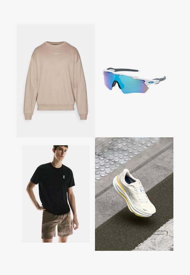 Béžová mikina s kulatým výstřihem a pocitem oversize, s pokleslými rameny, ribovanými manžetami a spodním lemem. Na hrudi je umístěno malé bílé logo. Měkká textura látky.; On PERFORMANCE AOP - Sportovní kraťasy - cinder; Bílé a žluté tenisky HOKA levitující nad texturovaným chodníkem a silničním obrubníkem poblíž přechodu pro chodce.; Sluneční brýle s bílým rámečkem, šedými akcenty a modrými zrcadlovými čočkami. Sportovní design, obepínající tvar a nastavitelné nosní podložky.
