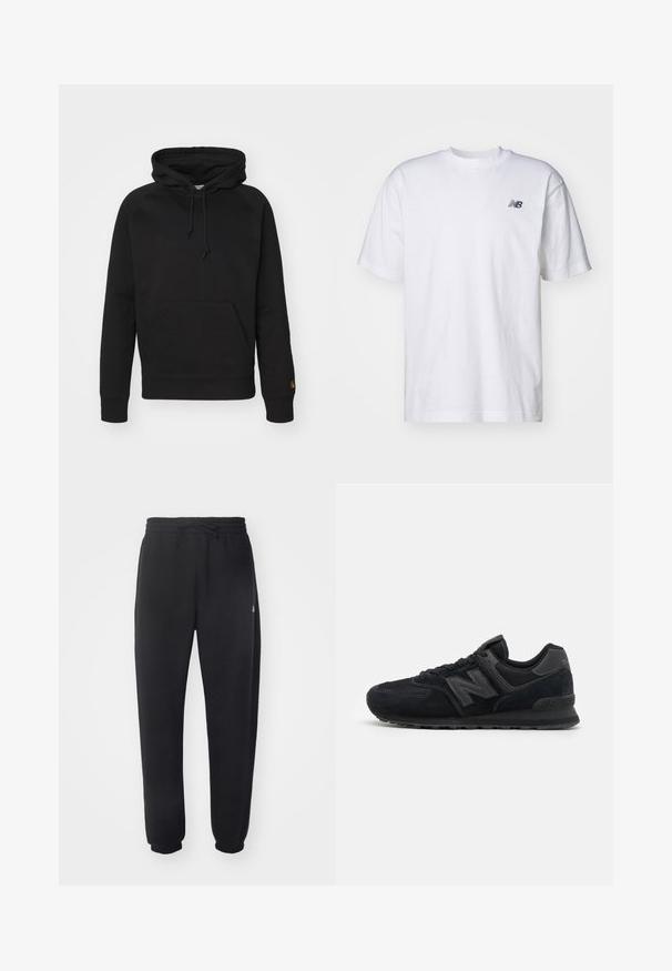 Mustat hupparit pehmeästä kankaasta, jossa on etutasku, säädettävä nauha ja ribbaatut hihansuut. Sujuva pinta, jossa on minimaalinen yksityiskohdat.; Valkoinen lyhythihainen crew neck -t-paita, jossa vasemmassa rinnassa pieni musta New Balance -logo, taustalla yksinkertainen tausta.; Mustat collegehousut, jotka on valmistettu pehmeästä materiaalista, joustavalla vyötärönauhalla, narukiristimellä ja kavennetuilla lahkeilla, joissa on huomaamaton logo sivussa.; Juoksukengät mustasta mokasta ja verkosta, joissa on teksturoitu päällinen, pehmustettu kaulus, litteät nauhat ja harmaa logo korostus sivussa.