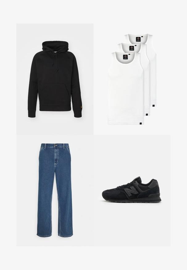 Czarna bluza z kapturem uszyta z miękkiego materiału, z przednią kieszenią, regulowanym sznurkiem i prążkowanymi mankietami. Gładka tekstura z minimalnymi detalami.; Trzy białe prążkowane koszulki na ramiączkach wykonane z bawełny. Posiadają okrągły dekolt i małe czarne metki blisko dolnego brzegu. Dostępne w różnych rozmiarach.; Niebieskie dżinsy o prostym kroju, pięciokieszeniowym wzorze, metalowym zapięciu oraz widocznym szwie wzdłuż szwów i dołu.; Czarne zamszowe i siateczkowe buty sportowe z teksturowaną cholewką, wyściełanym kołnierzem, płaskimi sznurowadłami i szarym logo po boku.