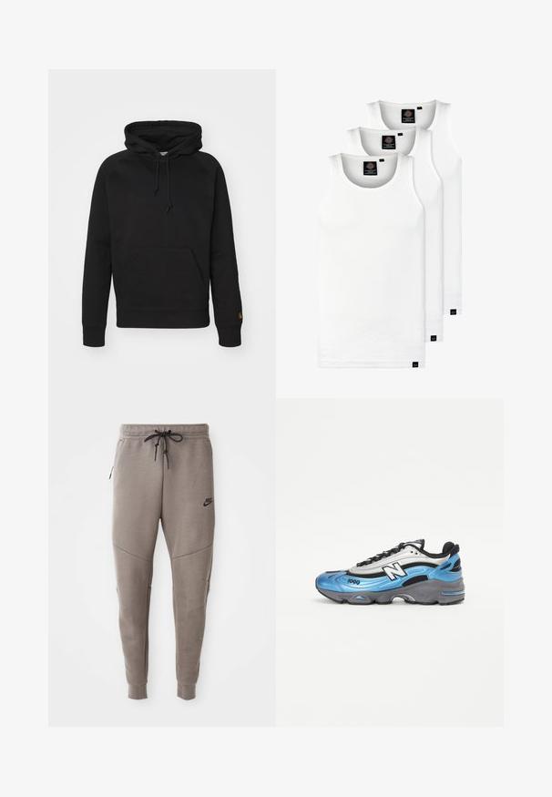 Must mustrõiv pehmes kangas, millel on eespool tasku, reguleeritav nöör ja soonikkoes mansetid. Sile tekstuur minimaalse detailiga.; Kolm valget ribaga t-särki, mis on valmistatud puuvillast. Omavad ümmargust kaelanõhku ja väikseid musti silte hemme lähedal. Saadaval erinevates suurustes.; Hallide Nike dressipüksid, millel on nööriga vöökoht, kitsenevad sääred, küljetaskud ja eristuv õmbluse detail. Pehme, tekstureeritud kangas.; Sinine ja hõbedane spordijalats, millel on võrgust ja sünteetilised materjalid, paks hall talla ja silmapaistvad mustad aktsendid. Mudelinumber 1000 nähakse.