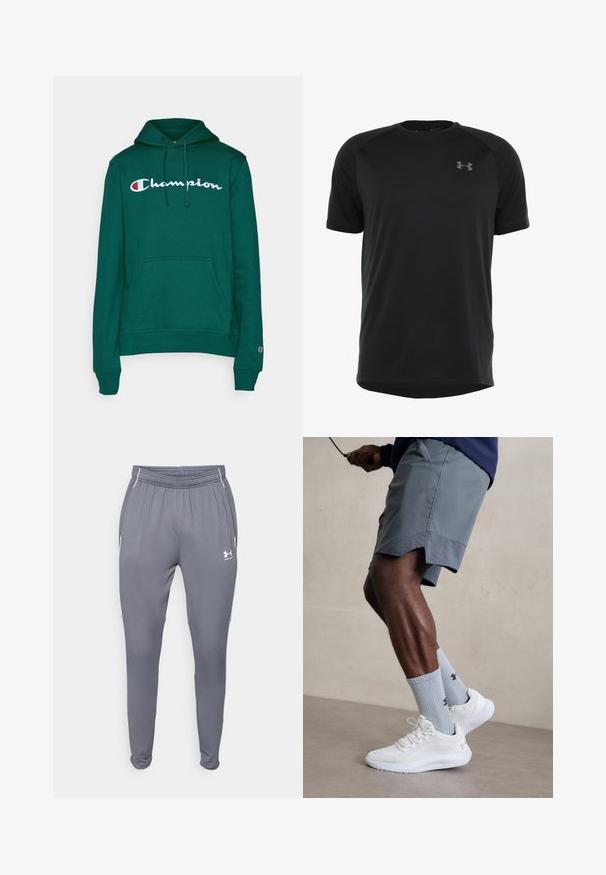 Zaļš kokvilnas hoodie ar priekšējo kabatu, regulējamiem aukliņām un baltu izšūtu "Champion" logo uz krūtīm.; Melnas īsām piedurknēm sporta krekls, izgatavots no gludas, vieglas auduma. Iespējamā apaļa apkakle un discrētu logo uz krūšu.; Pelēki sporta bikses ar elastīgu jostu, sānu kabatām un baltām akcents. Izgatavotas no gludas, vieglas materiāla.; Baltas sporta apavu pāris ar strukturētu acs virsu, apvienots ar gaiši zilo riboto zeķu pāri, kurā ir zīmols. Pelēki sporta šorti ar perforētu apdari.