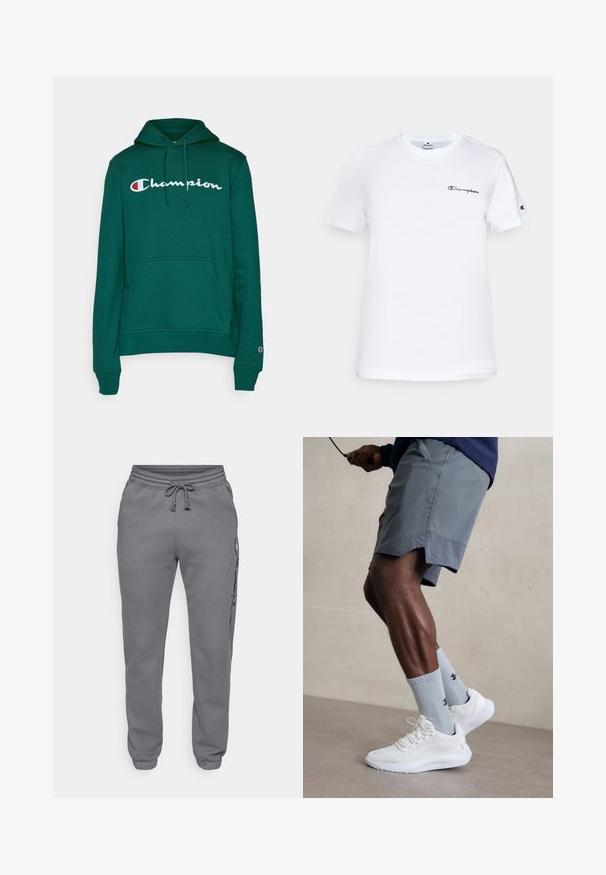 Hanorac verde din bumbac, cu un buzunar frontat, șnururi ajustabile și un logo alb brodat "Champion" pe piept.; Tricou alb din bumbac cu guler rotund, mâneci scurte și un logo "Champion" brodat în negru pe piept și pe accentul de pe mânecă.; Champion ICONS Elastic-cuff Slim fit - Pantaloni de trening - foggy; Încălțăminte sport albă cu partea superioară din plasă texturată, asociată cu șosete ribbate de culoare bleu deschis care au un logo. Şorturi sportive gri cu margine perforată.