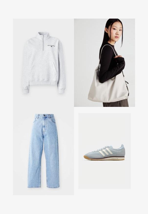 Grijze fleece sweatervest met een hoge kraag en kwart-rits. Beschikt over een voorzak en een geborduurd "New Balance" logo in zwart.; Hogewaisted lichtblauwe denim jeans met rechte wijde pijpen, voorste knoop, ritssluiting en voor- en achterkant zakken.; Lichtblauwe suède sneakers met witte drie streepen, rubberen zool en textuur-mesh. Voorzien van een gladde neuskap en branding op de hak.; Beige handtas gemaakt van zacht materiaal, met een slonzig ontwerp, gestikte details en twee schouderbanden. Geschikt voor dagelijks gebruik.