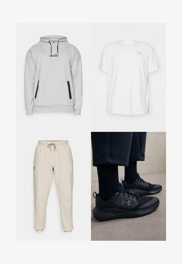 Pilkas gobtuvė su priekyje esančiu logotipu, su raišteliais ant gobtuvo ir dviem juodais užtrauktukais šoninėmis kišenėmis. Pagaminta iš minkštos medžiagos, su raštuotais rankogaliais ir apatiniu kraštu.; Balta trumpa rankovėmis sportinė marškinėliai, pagaminti iš lygaus audinio. Yra apvalus kaklas ir pilkas logotipas kairėje krūtinės pusėje, o apatinėje dalyje yra šoninės plyšiai.; Šviesiai rudos spalvos treningai, pagaminti iš minkštos, tekstūruotos medžiagos, su elastinga juosta ir raišteliu. Yra šoninis logotipas ir siaurėjantys kulkšnies plotai, užtikrinantys patogią fasoną.; Asmuo vilki juodus sportinius batus su tekstūruotomis šoninėmis dalimis ir logotipu, su juodomis kojinėmis ir trumpais kelnais, stovintis ant šviesaus grindų paviršiaus.