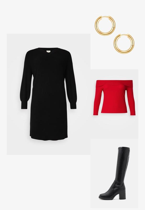 Sark ar sarkaniem pleciem, garām piedurknēm, ar ribotām struktūrām. Pieguļošs dizains izceļ siluetu. Gluda auduma pārklājums ar tīru kakla izgriezumu.; Melnā adītā kleita ar V-veida kakla izgriezumu, garām balonu piedurknēm un ribotiem aprocēm. Vienkāršs dizains ar taisnu piegriezumu, līdz ceļiem garumu.; Melnas ceļgala augstuma zābaki, izgatavoti no gludas ādas, ar masīlu papēdi un apaļu purngalu. Iespējota bezšuvju dizains un maigi šuvju akcenti.; Zeltaini auskari ar dubultā slāņa dizainu. Gluda, spīdīga virsma ar bezšuvju aizdari. Apaļa forma ar modernu izskatu.