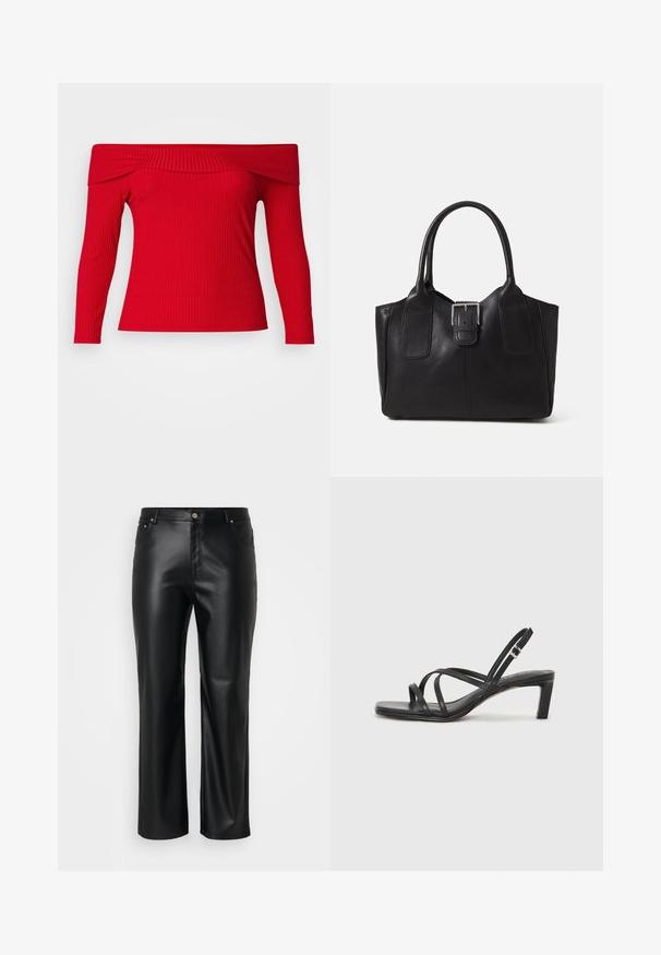 Piros, vállnélküli, hosszú ujjú felső, bordázott textúrával. A testhezálló fazon kiemeli a sziluettet. Sima anyag, letisztult nyakkivágással.; Fekete műbőr nadrág egyenes szabással, övbújtatókkal, elülső zsebekkel és cipzáras átkapcsolóval, gombos záródással. Simább textúra.; Fekete pántos szandál négyzetes orral és alacsony blokk sarkal. Több vékony pánttal és állítható boka pánttal rendelkezik. Sima bőrből készült.; Fekete bőr bevásárlótáska sima textúrával, strukturált formával, két fogantyúval és egy figyelemfelkeltő ezüst csattal az elején.