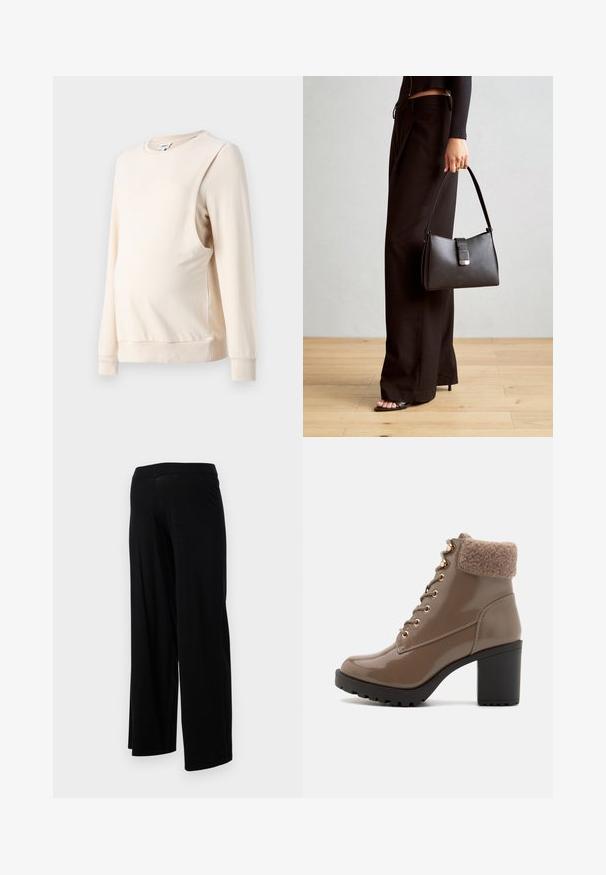 Sudadera de maternidad beige con mangas largas, cuello redondo y panel lateral que se adapta a una barriga en crecimiento. Tela de algodón suave con dobladillo acanalado.; Pantalones negros de pierna ancha con una cinturilla elástica y una textura suave y flexible. Presentan un diseño simple, sin patrones ni adornos.; Botas de tobillo de charol marrón con un puño de piel de pelo marrón texturizado, ojales dorados y un tacón grueso negro. Punta redondeada y suela resistente.; Bolso negro con forma estructurada, textura suave y un cierre metálico. Combinado con pantalones anchos negros y sandalias de dedo en un suelo de madera.