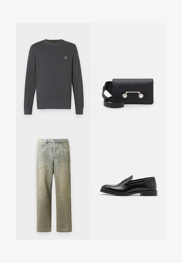 Dark gray crewneck sweatshirt with long sleeves and a small colorful embroidered zebra logo on the left chest.; Distressed denim jeans in light green, featuring a straight leg, five-pocket design, and uneven fading with paint splatters.; Black leather loafers with a smooth texture, rounded toe, and a decorative strap across the vamp. Low stacked heel, minimalist design.; Black leather crossbody bag with a flap closure, silver-tone hardware, and two round accents. Features a detachable strap. Smooth texture.