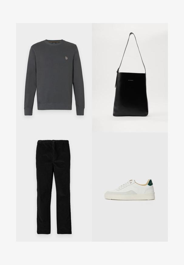 Tmavě šedá mikina s dlouhými rukávy a malým barevným vyšívaným logem zebry na levé straně hrudi.; Černé sametové kalhoty rovného střihu s elastickým pasem a předním šňůrkovým zapínáním, vystavené na jednobarevném bílém pozadí.; Bílé tenisky se semišovými prvky, kulatou špičkou, plochými tkaničkami a krémovou gumovou podrážkou. Na patě mají zelené logo.; Černá kožená kabelka na rameno s hladkým povrchem, obdélníkovým tvarem a dlouhým popruhem; na středu má malé bílé logo.