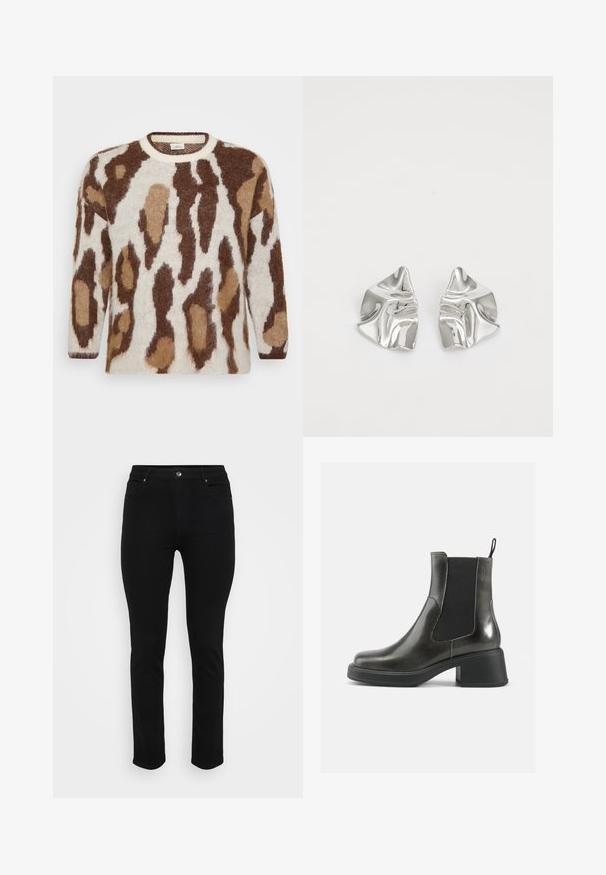 Strikkegenser med en kremfarget base og brune og tan dyremønstre. Rund halsutringning, lange ermer, myk tekstur og løs passform.; Sorte denim jeans med slim fit, fem-lomme design, front knappelukking og lett stretch for komfort. Flat, jevn tekstur med minimal detaljer.; Sorte ankelstøvler i svart lær med glatt overflate, elastiske sidepaneler og en kraftig hæl. Har en løftestrop for enklere påkledning.; Sølvmetall øredobber med et bølgete, skulpturelt design, preget av en polert finish og uregelmessige former, som fremhever en moderne estetikk.