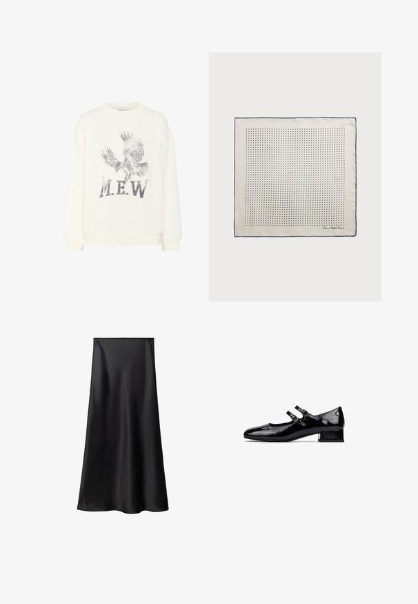 My Essential Wardrobe DIEGO EAGLE - Sweatshirt - snow white; Cream-colored top with a loose fit, short rolled sleeves, and a draped neckline. Soft, smooth fabric with a subtle sheen.; Black satin skirt with a smooth texture, A-line silhouette, and mid-length design. Features a seamless waistband and a fluid drape.; Black patent leather Mary Jane shoes with a low block heel, double strap design, and circular metal buckles. Smooth, shiny texture.; Silk scarf in cream with a navy border, featuring evenly spaced navy dots forming a pattern. Signature printed in the corner.; Cream leather handbag with a crescent shape, gold hardware, black accents, and a removable strap. Features a chain detail and tag.