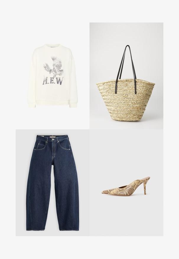 My Essential Wardrobe DIEGO EAGLE - Sweater - snow white; Donkerblauwe denim jeans met een losse fit, lichte stiksels, vijf zakken en een knoopsluiting op de taille.; Schoen met gespsluiting en puntige neus in een gestructureerd slangenprint met beige en bruine tinten; beschikt over een stilettohak en uitsparingen aan de zijkanten.; Gevlochten stro tote bag met een brede, taps toelopende vorm, voorzien van twee zwarte leren handvaten. Natuurlijke beige kleur met een gestructureerd oppervlak.
