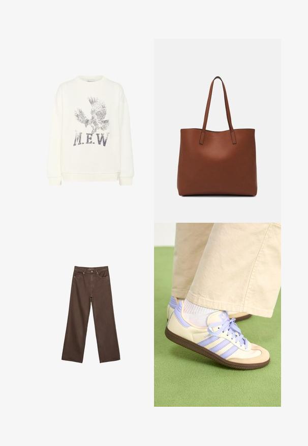 My Essential Wardrobe DIEGO EAGLE - Mikina - snow white; Hnědé džíny s širokými nohavicemi vyrobené z denimu, s vysokým pasem, předními kapsami a klasickým zapínáním na knoflík. Hladká textura s jemným švem.; Krémové a levandulové tenisky se třemi pruhy a texturovanou hnědou podrážkou, vybavené tkaničkami a polstrovanou patou. Měkký textilní svršek.; Hnědá kožená taška přes rameno s hladkou texturou, otevřeným designem a dvěma ramenními popruhy. Obsahuje minimální švy a žádné viditelné kovové prvky.