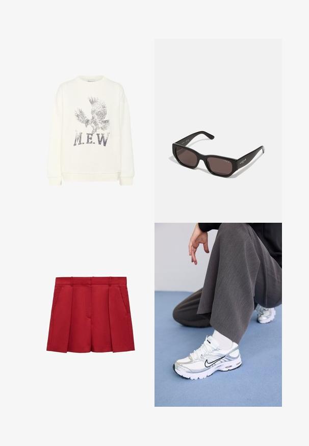My Essential Wardrobe DIEGO EAGLE - Mikina - snow white; Červené přizpůsobené šortky vyrobené z lehkého materiálu, s plochým předním dílem, dvěma bočními kapsami a čistým povrchem s bokovými sklady.; Bílé a stříbrné sportovní boty vyrobené z prodyšných a syntetických materiálů, s černými akcenty, tkaničkami a texturovanou podrážkou.; Černé obdélníkové sluneční brýle s tmavými skly. Vybaveny hladkým plastovým rámečkem a detailem loga na spánku. Čistý, moderní design.; Burgundská kabelka vyrobená z umělého materiálu se strukturovaným designem, která má odnímatelný popruh a kroužek, na kterém je uvázaný šátek s květinovým vzorem.