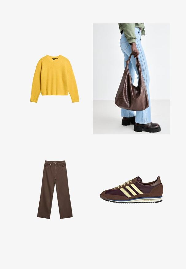 Gelber gerippter Strickpullover mit langen Ärmeln und rundem Ausschnitt. Besitzt einen cropped Schnitt und eine strukturierte Stoffqualität. Keine Knöpfe oder zusätzlichen Akzente.; Weite braune Jeans aus Denim, mit hoher Taille, Fronttaschen und klassischem Knopfverschluss. Glatte Textur mit feinen Nähten.; Braune und burgunderfarbene Sneaker aus Wildleder und Mesh-Materialien, mit drei cremefarbenen Streifen, strukturiertem Stoff an der Zunge und einer Gummisohle.; Braune gewebte Leder-Handtasche mit geknoteten Griffen, die von einer Person in hellblauen Jeans und schwarzen klobigen Schuhen getragen wird. Glatte, strukturierte Oberfläche.