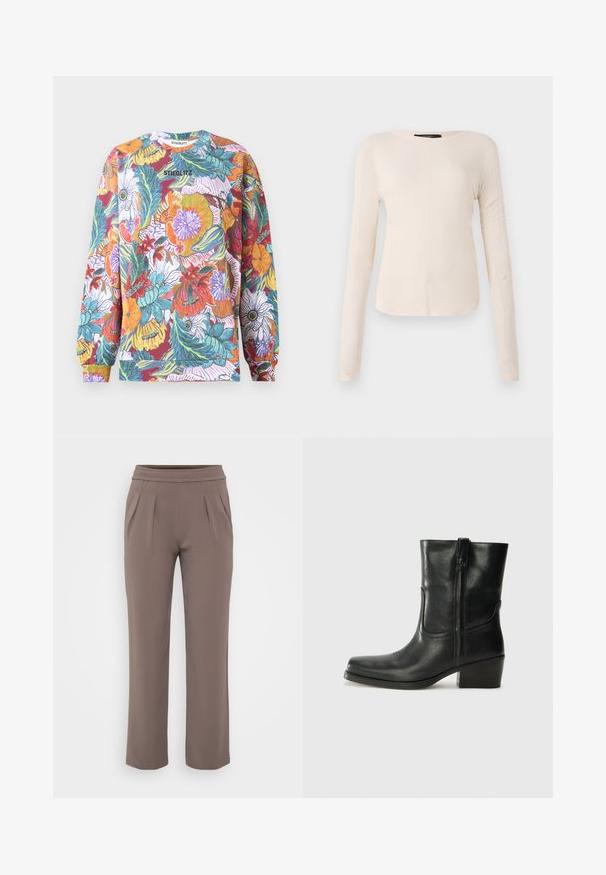 Long-sleeve sweatshirt in vibrant floral pattern, featuring multiple colors including red, orange, blue, and green. Crew neck with ribbed cuffs.; Long-sleeve, light beige top with a round neckline. Made of soft fabric, features a central seam and slightly curved hem. No visible hardware.; Taupe loose-fit trousers with elastic waistband and front pleats, made from smooth fabric.; Black leather ankle boot with a rounded toe, block heel, side zipper, and stitching accents on the vamp. Smooth texture, classic design.