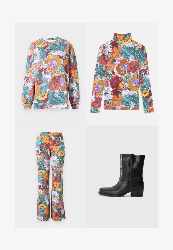 Langarm sweatshirt met een levendig bloemmotief, met meerdere kleuren zoals rood, oranje, blauw en groen. Ronde hals met geribbelde manchetten.; Langsleeve, hoge hals top met een levendig bloemmotief met kleurrijke bloesems en groene bladeren op een witte achtergrond.; Uitlopende broeken met een meerkleurig bloemenpatroon, met oranje, paarse en turquoise bloemen en groene bladeren op een witte achtergrond.; Zwarte leren enkellaars met een ronde neus, blokhak, zijrits en stikselaccenten op de wreef. Gladde textuur, klassiek ontwerp.