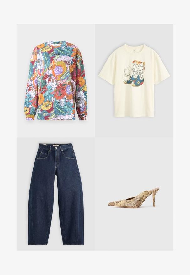 Hosszú ujjú pulóver élénk virágmintával, több színben, beleértve a pirosat, narancssárgát, kéket és zöldet. Kerek nyakkivágás, bordázott mandzsettákkal.; Fehér pamut póló, cowboy csizmák és kalap grafikájával. A csizmák kék színűek, sárga akcentussal és fehér részletezéssel.; Sötétkék farmernadrág, laza szabással, világos varrással, öt zsebbel és gombos záródással a derekán.; Hevederes, hegyes orrú magassarkú cipők kék és barna árnyalatú struktúrált kígyómintás anyagból; stiletto sarokkal és kivágott oldalakkal rendelkezik.