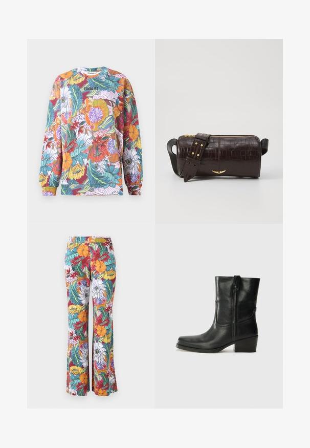 Long-sleeve sweatshirt in vibrant floral pattern, featuring multiple colors including red, orange, blue, and green. Crew neck with ribbed cuffs.; Flared trousers with a multicolored floral pattern, featuring orange, purple, and teal flowers and green leaves on a white background.; Black leather ankle boot with a rounded toe, block heel, side zipper, and stitching accents on the vamp. Smooth texture, classic design.; Brown crocodile-embossed leather bag with a cylindrical shape, gold-tone hardware, and a detachable strap featuring studs.