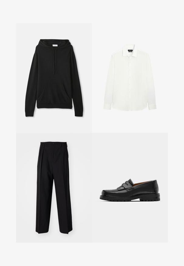 Schwarzer Hoodie aus weichem Stoff; verfügt über eine frontale Kängurutasche, eine Kapuze mit Kordelzug, lange Ärmel sowie einen gerippten Bund und Bündchen.; Weißes Langarmhemd mit klassischem Kragen, Knopfleiste und taillierten Manschetten. Glattes Material mit dezentem Glanz. Etikett am Kragen sichtbar.; Schwarze, plissierte Hose mit geradem, weitem Bein. Hergestellt aus glattem Stoff, mit Knopfverschluss und Gürtelschlaufen.; Schwarze Lederloafer verfügen über eine erhöhte Naht, zwei dekorative Riemen im oberen Bereich und eine dicke, strukturierte Sohle für zusätzlichen Halt.