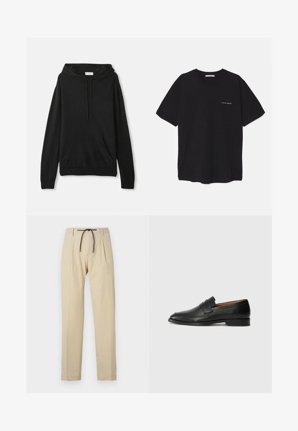 Čierna mikina s kapucňou vyrobená z mäkkej tkaniny; má predné "klokaní" vrecko, kapucňu s nastaviteľným sťahovaním, dlhé rukávy a rebrovaný pás a náplety.; Čierne bavlnené tričko s okrúhlym výstrihom, krátkymi rukávmi a bielou potlačou loga na ľavej hrudi. Jednoduchý, jednoliaty dizajn.; Béžové nohavice s rovný fit, so sťahovacím pásom, plisovaným predným dielom a hladkým povrchom. Jednoduchý, všestranný dizajn.; Čierne kožené mokasíny s okrúhlou špičkou, jemným prešitím a nízkym podpätkom, s hladkou textúrou a minimalistickým dizajnom.