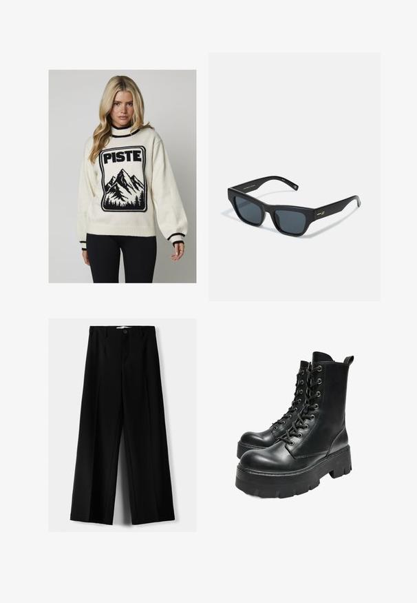 Maglione lavorato a maglia color crema con grafica di una montagna nera e testo "PISTE". Presenta un collo alto e polsini a coste con strisce in contrasto.; Pantaloni neri a gamba larga realizzati in tessuto leggero, caratterizzati da una chiusura frontale con bottone e frontale piatto, con orli cuciti con precisione.; Bershka TRACK - Stivaletti con plateau - black; Occhiali da sole rettangolari neri con lenti grigie, montatura in plastica spessa e accentuazione dorata sulla tempia. Finitura opaca con texture liscia.
