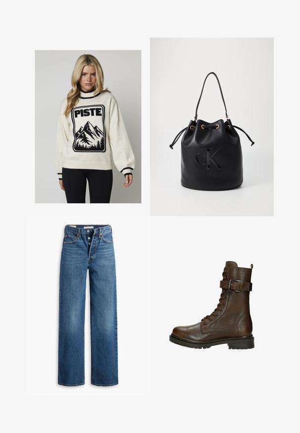 Crème-kleurige gebreide trui met een zwart bergafbeelding en "PISTE" tekst. Beschikt over een hoge kraag en geribde manchetten met contrasterende strepen.; Blauwe denim jeans met een wijduitlopende ontwerp, vijf zakken, knoopsluiting en contrasterende stiksels. Gestructureerde stof met een vervaagde afwerking.; Bruine leren veterschoen tot de enkel met een zijgesp, ronde neus, robuuste zool en stiksels voor extra textuur.; Zwarte leren emmer tas met trekkoord sluiting, voorzien van een glanzend "CK" logo aan de voorkant en gouden hardware accenten.