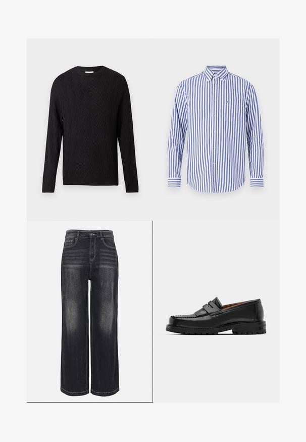 Čierny sveter s dlhým rukávom, so vzorom chevron a rebrovanými manžetami a lemovaním, s okrúhlym výstrihom, zobrazený na bielom pozadí.; Prúžkovaná košeľa na gombíky v modro-bielej farbe. Obsahuje dlhé rukávy, golier a náprsné vrecko s malým logom.; Široké nohavice v vyblednutom čiernom denime, s viditeľným prešívaním, piatimi vreckami a gombíkovým zapínaním v páse.; Čierne kožené mokasíny majú vystúpený šev, dve dekoratívne pásky na vrchu a hrubú textúrovanú podrážku pre lepšiu priľnavosť.