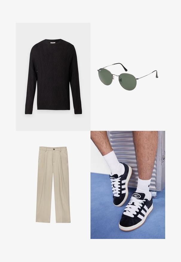 Schwarzer Pullover mit langen Ärmeln, Chevron-Strickmuster und gerippten Bündchen und Saum, Rundhals-Ausschnitt, auf einem schlichten weißen Hintergrund präsentiert.; Beige Hosen mit geradem Schnitt, ausgestattet mit einem einzelnen schwarzen Knopf, Gürtelschlaufen und Seitentaschen. Glatte Stofftextur und minimalistisches Design.; Schwarze Wildledersneaker mit weißen Schnürsenkeln und drei weißen Streifen. Verfügt über ein kreisförmiges schwarzes Logo auf der Zunge und eine Gummisohle.; Metallgestellte Sonnenbrille mit ovalen grünen Gläsern. Dünner silberner Metallrahmen und schwarze Ohrstücke. Minimalistisches Design, keine sichtbaren Logos.