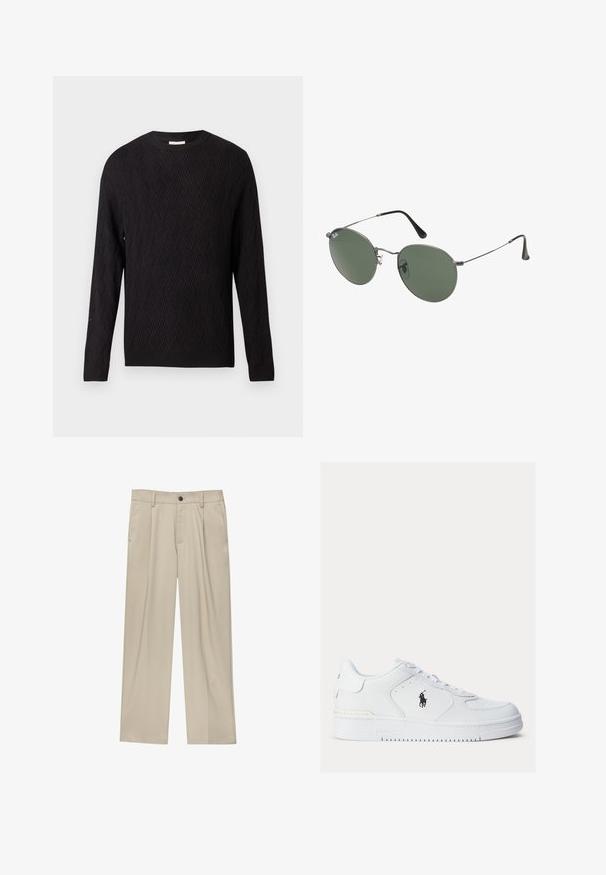 Maglione nero a maniche lunghe con motivo a zig zag e polsini e orlo a costine, con scollatura a girocollo, esposto su uno sfondo bianco semplice.; Pantaloni beige a taglio dritto, con un solo bottone nero, passanti per la cintura e tasche laterali. Tessuto dalla texture liscia e design minimale.; Sneakers bianchi in pelle con lati texture, punta rotonda e forature. Presentano un logo nero, chiusura con lacci e una suola in gomma spessa.; Occhiali da sole con montatura in metallo e lenti verdi ovali. Montatura sottile in metallo argento e terminali neri. Design minimalista, senza loghi visibili.