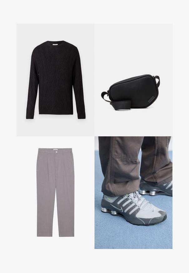 Juodas ilgomis rankovėmis megztinis su zigzago raštu ir raištiniais rankogaliais bei apačia, apvalia iškirpte, pristatytas ant baltos fono.; Pilki pritaikyti kelnių su tiesiu kirpimu, su dviem priekinių kišenėlių, klostėmis ir mygtukų uždarymu. Pagamintos iš lengvos medžiagos.; Pilki ir sidabriniai Nike Shox sportiniai bateliai pasižymi elegantišku dizainu, pagaminti iš tinklinės ir sintetinės medžiagos, turi apvalų pirštą ir paminkštintą apykaklę.; Juodas, užtraukiamas per petį maišas, pagamintas iš lygaus medžiagos, su plokščia forma, vienu dirželiu ir nedideliu logotipo akcentu. Minimalistinis dizainas.
