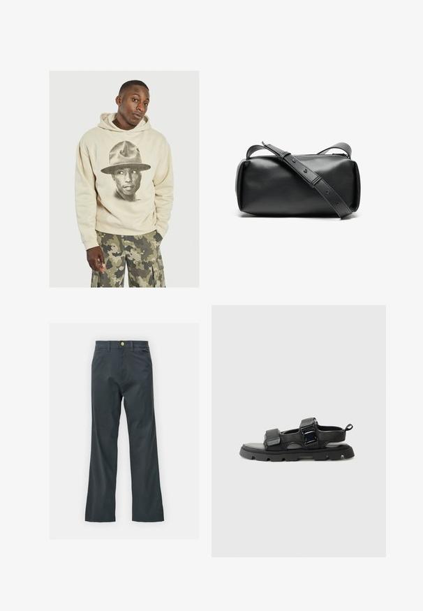 Šviesiai ruda džemperis su dideliu juodu ir baltu grafiniu vaizdu asmens, dėvinčio skrybėlę. Pagamintas iš medvilnės, turi minkštą tekstūrą. Laisvas kirpimas ir kengūros kišenė.; Juodos kelnės su tiesiu kirpimu, pagamintos iš medvilnės mišinio. Turi metalinį mygtuką ir šonines kišenes. Be matomų raštų.; Juodos šlepetės su tekstūruotu audiniu, plačiomis juostelėmis, metaliniais sagties akcentais ir storu guminiais padu su griovelių raštu.; Juodas odinis per petį nešiojamas krepšys cilindro formos, su užtrauktuku ir reguliuojama juosta. Glotni tekstūra ir minimalizmo dizaino detalės.