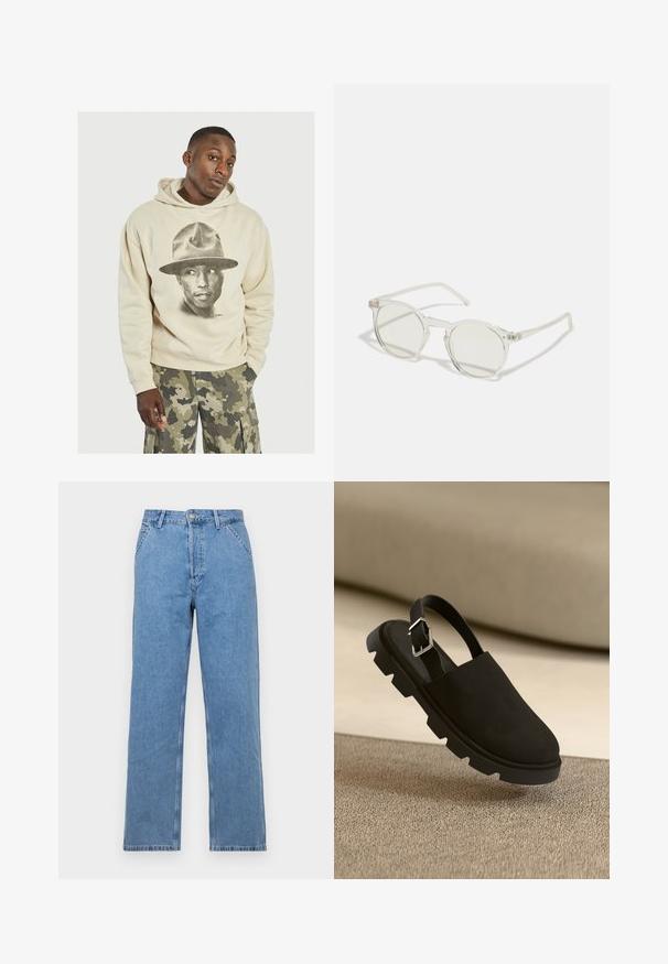 Beež kapuutsärg, millel on suur must-valge graafika inimesest, kes kannab mütsi. Puuvillane materjal, millel on pehme tekstuur. Looduslik lõige ja känguru tasku.; Hele sinine denim sirgeded teod, klassikalise viie tasku disainiga, ees nupuga kinnitamine ja vööaugu lõiked. Sile tekstuur.; Must must sildiga kingad mustast sametist, paksu ja tekstuuriga tallaga ning hõbedase pandlaga. Viimistletud disain, mis on minimalistliku stiiliga ja jääb rippuma tekstuuritud pinna kohale.; Ümmargused prillid läbipaistva raami, helesiniste läätsede ja õhukeste, selgete tempidega. Raamil on peened metallilised aktsendid.