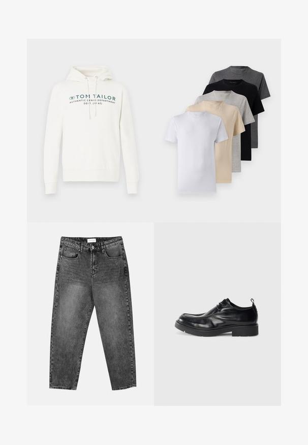 Sudadera blanca con capucha y bolsillo canguro, con una impresión gráfica frontal en verde azulado oscuro y cordones ajustables en la capucha.; Conjunto de cinco camisetas de manga corta en blanco, beige, gris claro, gris oscuro y negro. Hechas de algodón suave, con un diseño de cuello redondo.; Jeans de pernera recta en lavado negro con bolsillos delanteros y traseros, trabillas para cinturón y cierre de botón en la cintura.; Zapato de vestir de cuero negro con puntera redondeada, parte frontal con cordones y una costura decorativa. Presenta una suela de goma gruesa y texturizada y una pestaña en el talón.