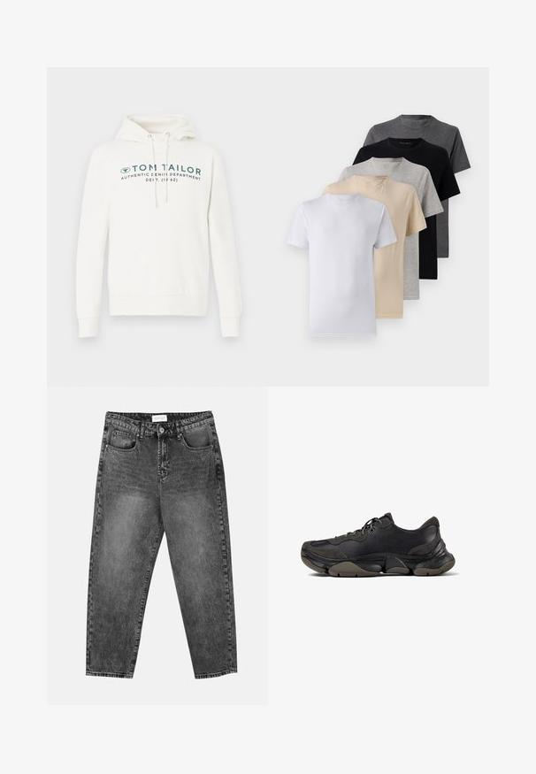 Bela kapuca s kapuco in kenguru žepom, s prednjim grafičnim tiskom v temno zeleni barvi in nastavljivimi vrvicami na kapuci.; Komplet petih kratkih majic s kratkimi rokavi v beli, bež, svetlo sivi, temno sivi in črni barvi. Narejene so iz gladkega bombaža in imajo krojen ovratnik.; Črne jeanse ravnega kroja z sprednjimi in zadnjimi žepi, zankami za pas in gumbom za zapiranje na pasu.; Črne atletske tenisice z strukturiranim podplatom, zgornjim delom iz usnja in semiša, oblazinjenim ovratnikom in vezalkami, prikazane v stranskem profilu.