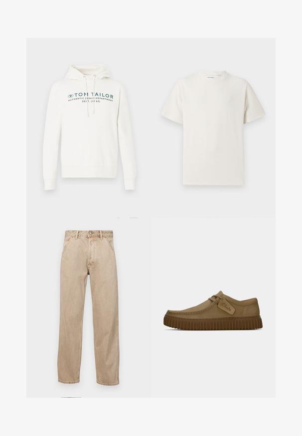 Biała bluza z kapturem, z kieszenią kangurkową, z nadrukiem graficznym na przodzie w ciemnozielonym kolorze i regulowanymi sznurkami w kapturze.; Biała krótka koszulka z krótkim rękawem o żebrowanej fakturze. Okrągły dekolt, luźny krój, brak widocznych wzorów lub akcentów. Prosty i uniwersalny design.; Beżowe dżinsy o prostym kroju, z przednimi kieszeniami, metalowym zapięciem na guzik i delikatną teksturą.; Jasnobrązowe zamszowe buty z okrągłym noskiem, z przeszyciami i brązową gumową podeszwą o żebrowanej fakturze. Posiadają boczną metkę z logo "Clarks".